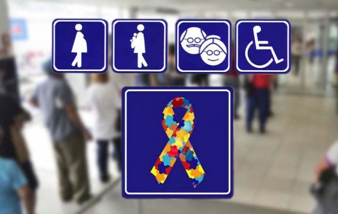 placa com símbolos de pessoas que têm direito a atendimento preferencial